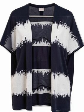 Chico's Navy and White Open-Front Short Sleeve Cardigan